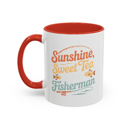 Ceramic Coffee Mug — "Sunshine, Sweet Tea, and my Fisherman" Retro Fishing Accent Mug