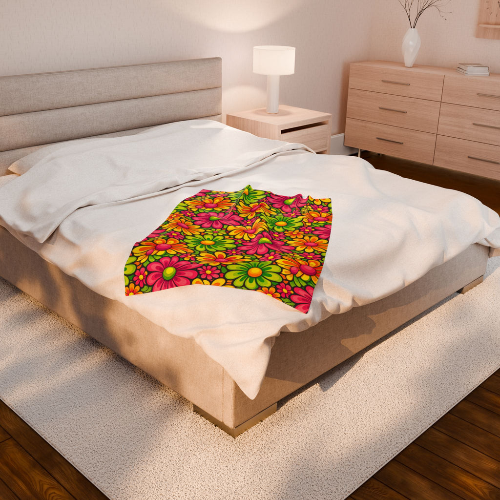 Velveteen Plush Blanket — Retro Neon Floral Daisy Throw