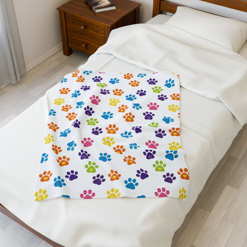 Velveteen Plush Blanket — Colorful Rainbow Paw Print Plush Throw for Pet Lovers