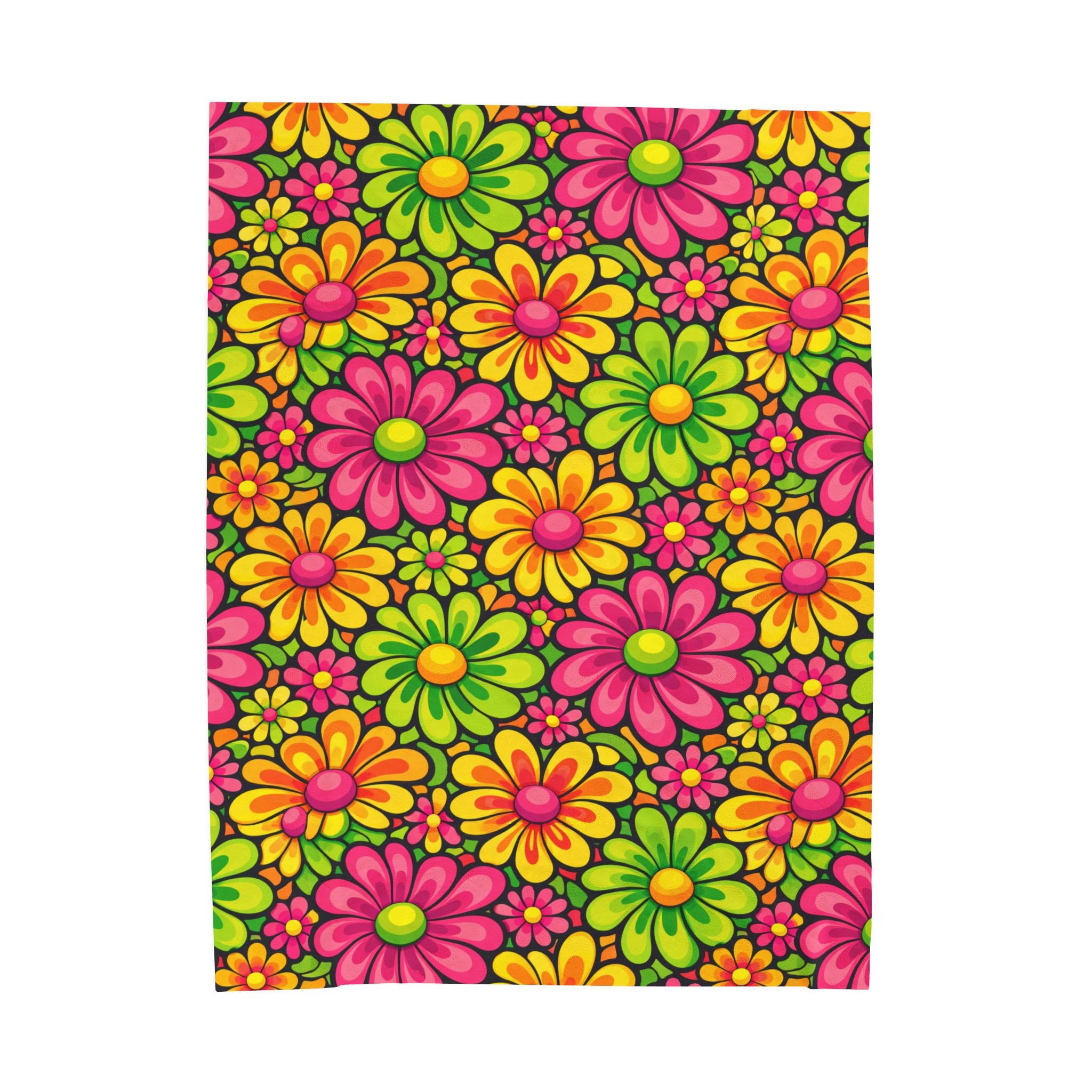 Velveteen Plush Blanket — Retro Neon Floral Daisy Throw