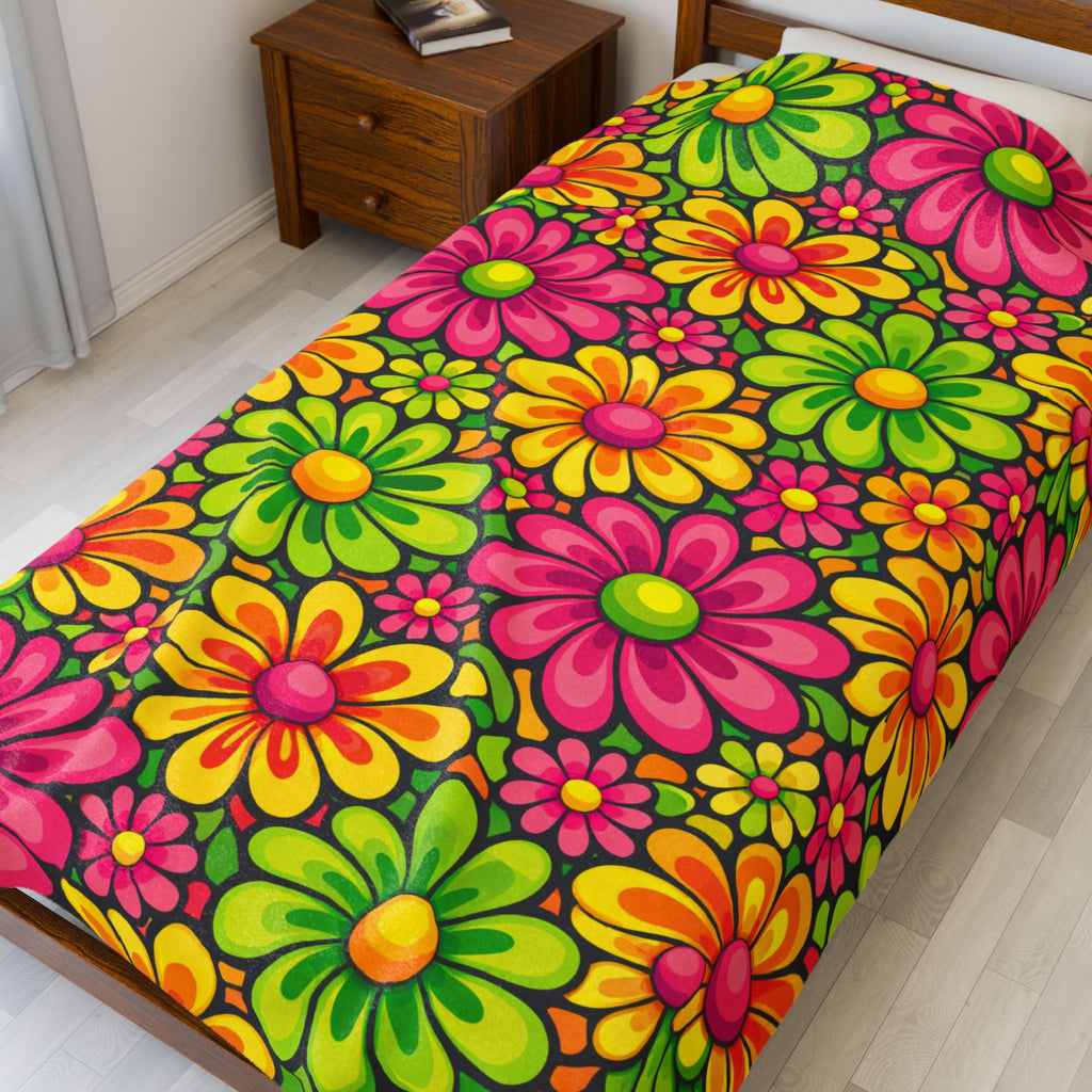 Velveteen Plush Blanket — Retro Neon Floral Daisy Throw