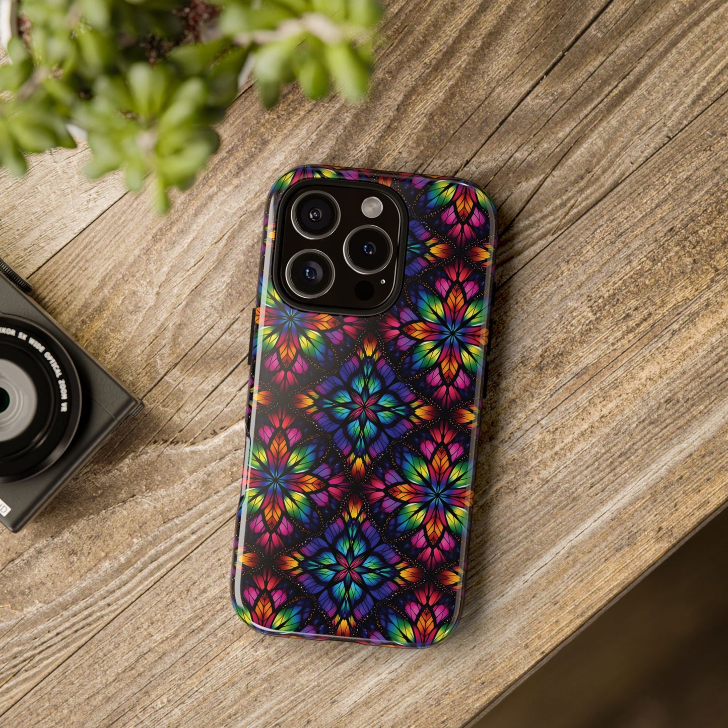 iPhone 16 and 17 - Stained Glass Kaleidoscope Tough Phone Case — Colorful Floral Protective Cover