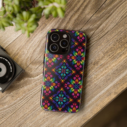 iPhone 16 and 17 - Stained Glass Kaleidoscope Tough Phone Case — Colorful Floral Protective Cover