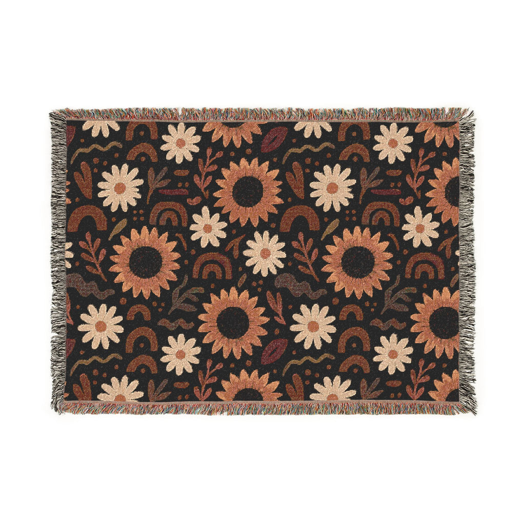 Boho Sunflower Woven Blanket — Retro Floral Throw with Fringe