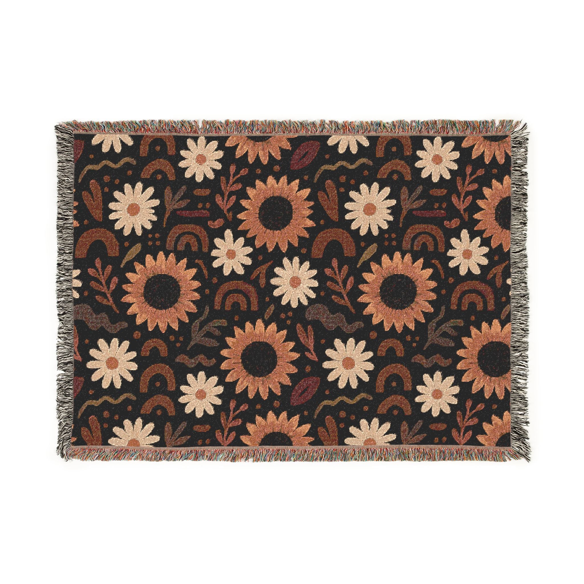 Boho Sunflower Woven Blanket — Retro Floral Throw with Fringe
