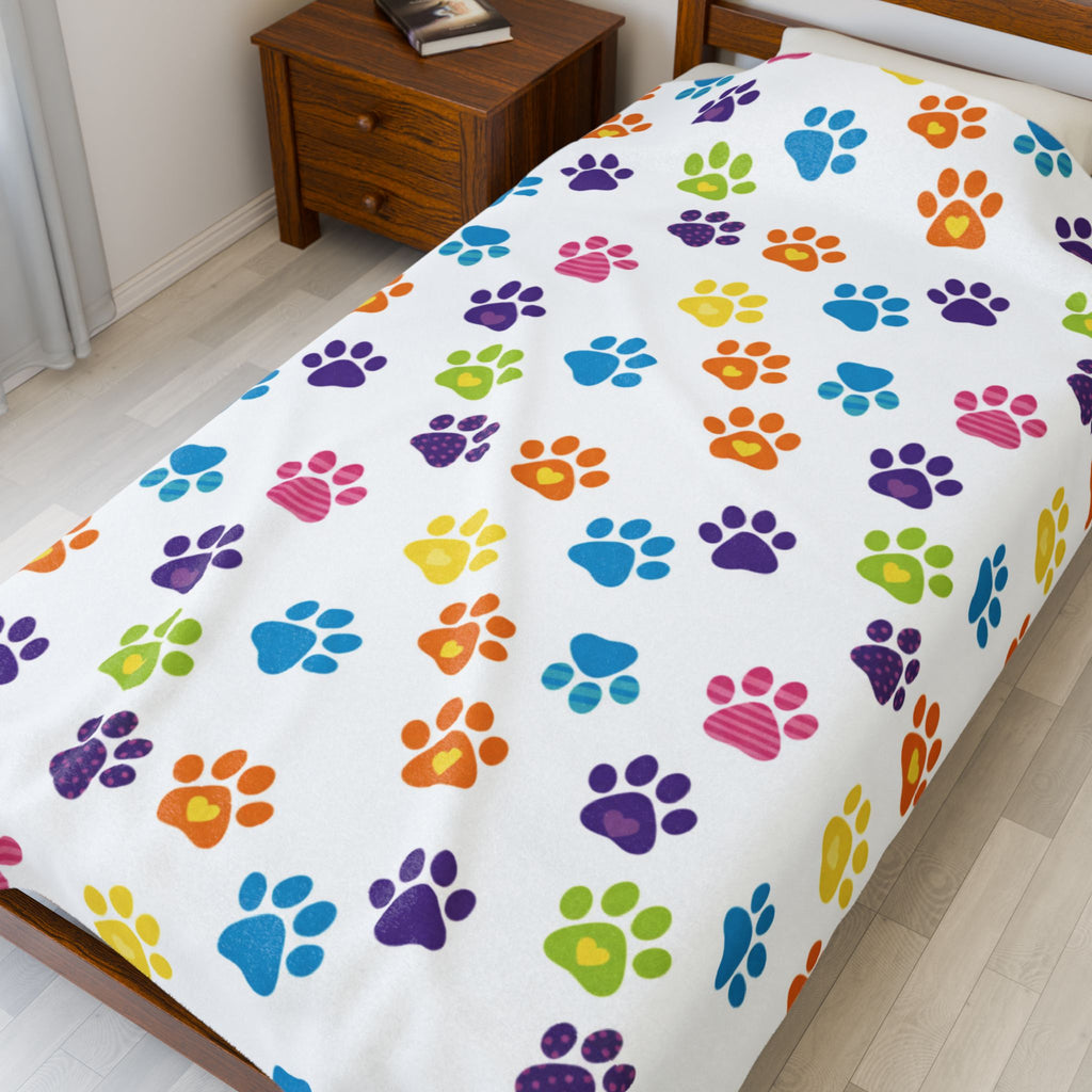 Velveteen Plush Blanket — Colorful Rainbow Paw Print Plush Throw for Pet Lovers