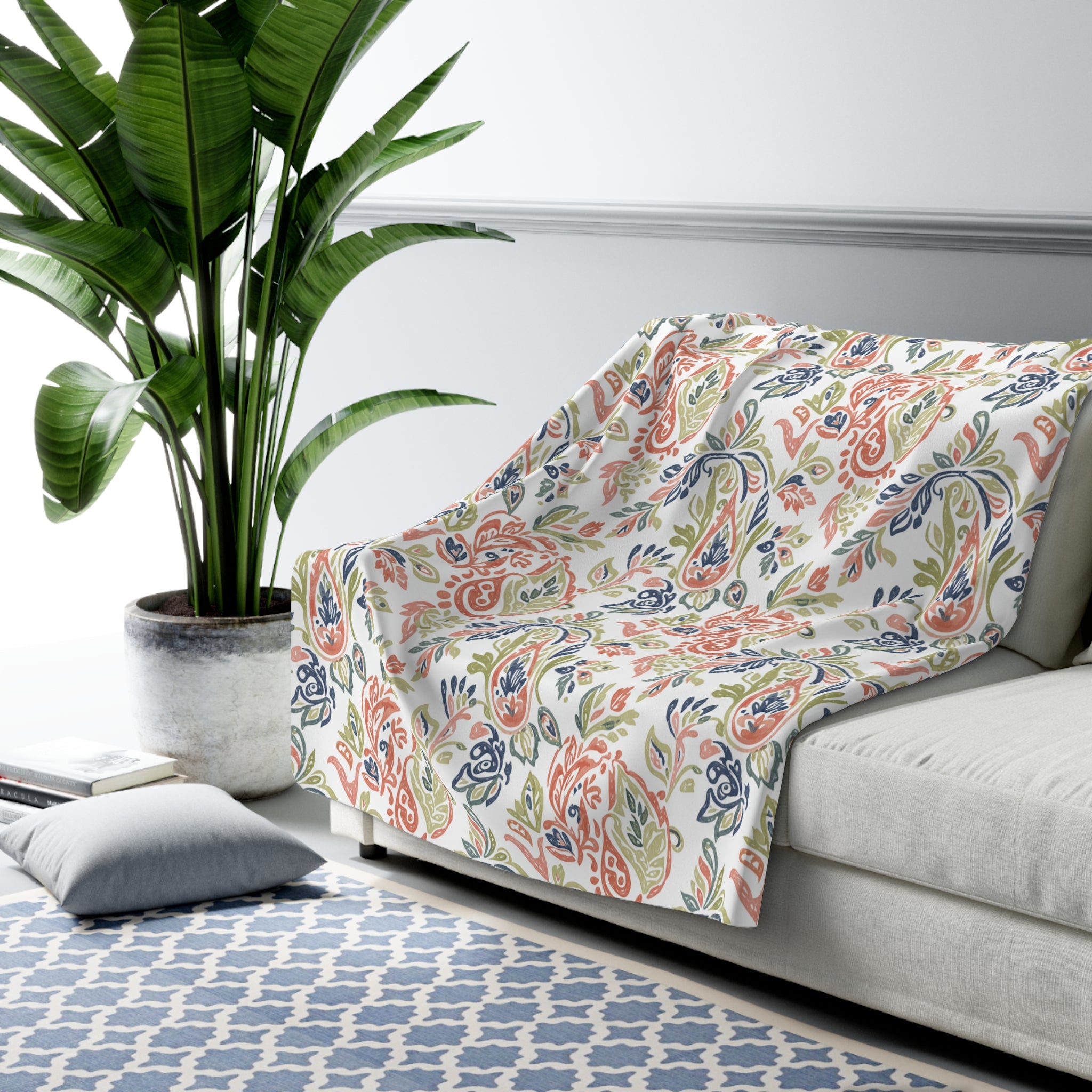 Floral Paisley Sherpa Blanket — Cozy Fleece Throw for Living Room & Gifts