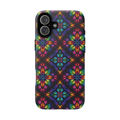 iPhone 16 and 17 - Stained Glass Kaleidoscope Tough Phone Case — Colorful Floral Protective Cover