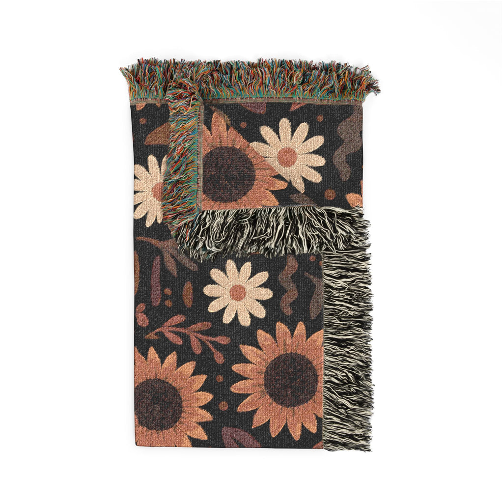 Boho Sunflower Woven Blanket — Retro Floral Throw with Fringe