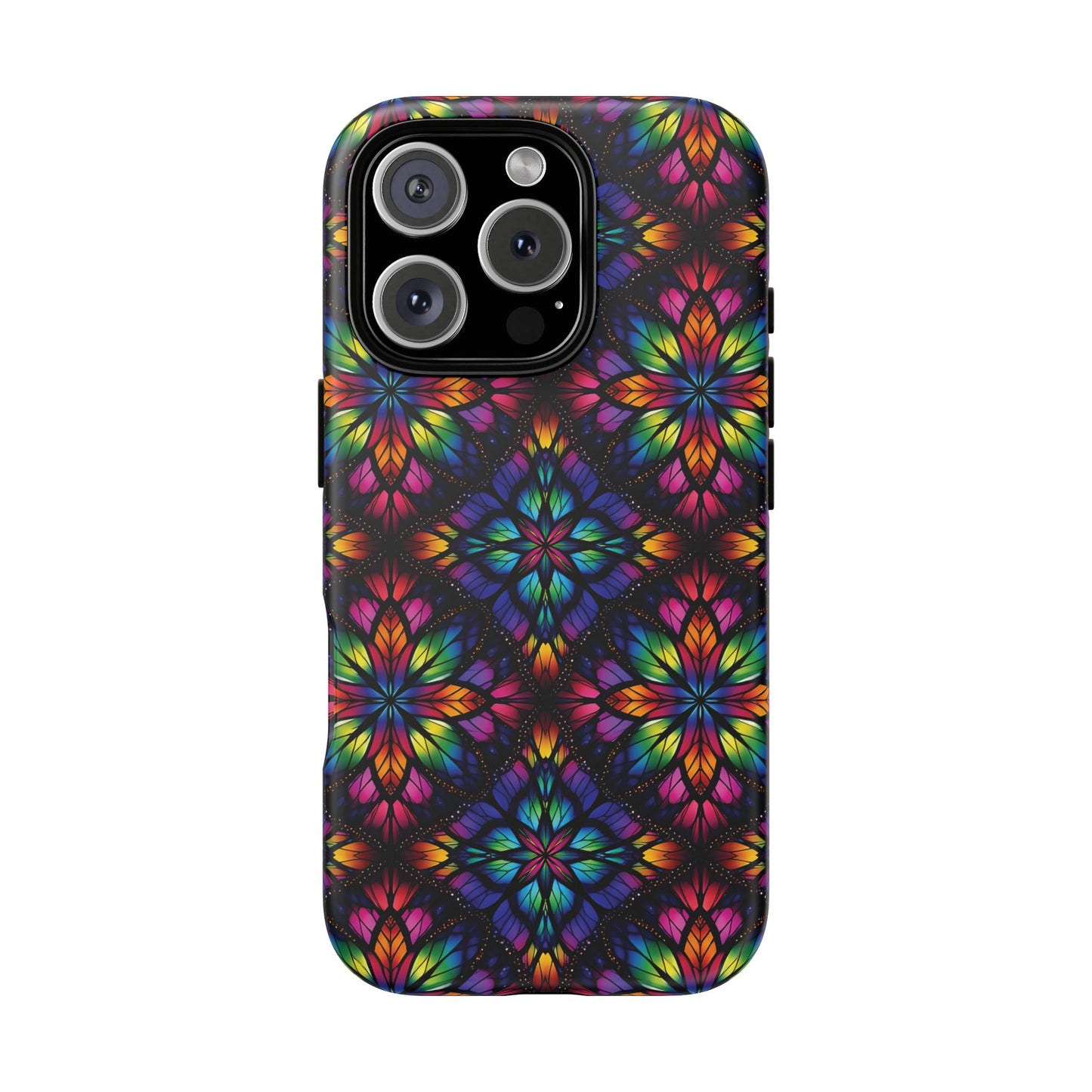 iPhone 16 and 17 - Stained Glass Kaleidoscope Tough Phone Case — Colorful Floral Protective Cover