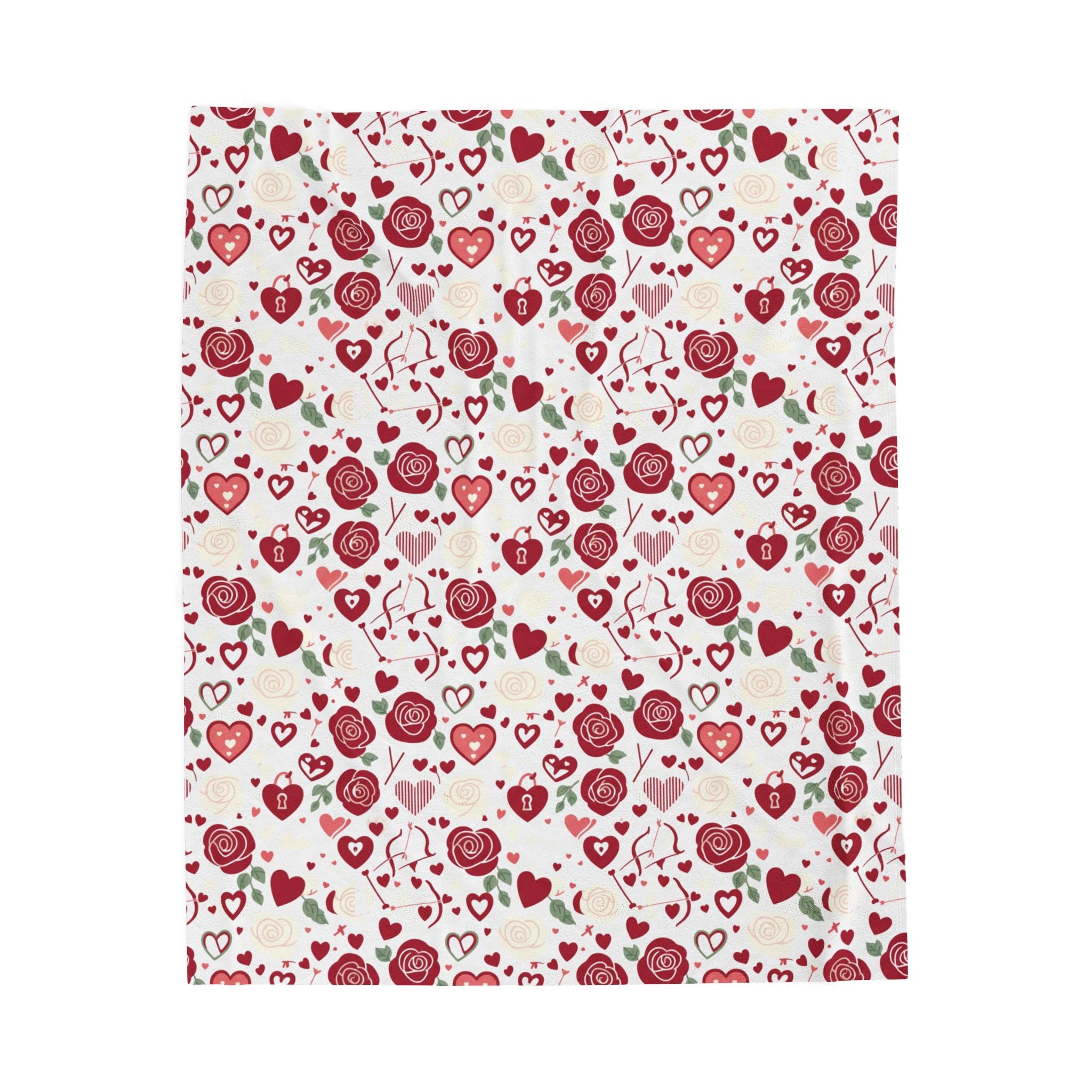 Valentine Rose & Hearts Velveteen Plush Blanket — Cozy Romantic Throw for Valentine's Day