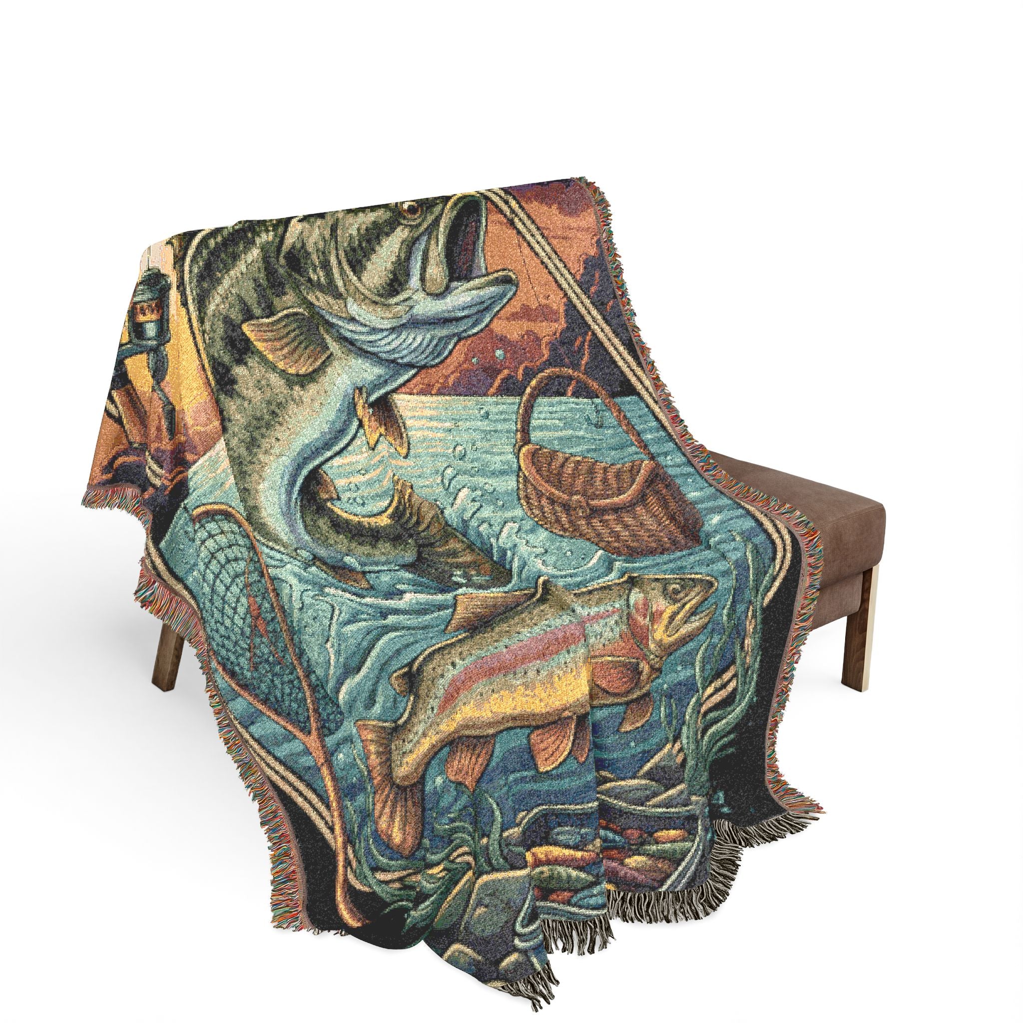 Gone Fishin' Woven Throw Blanket — Vintage Fishing Cabin Decor