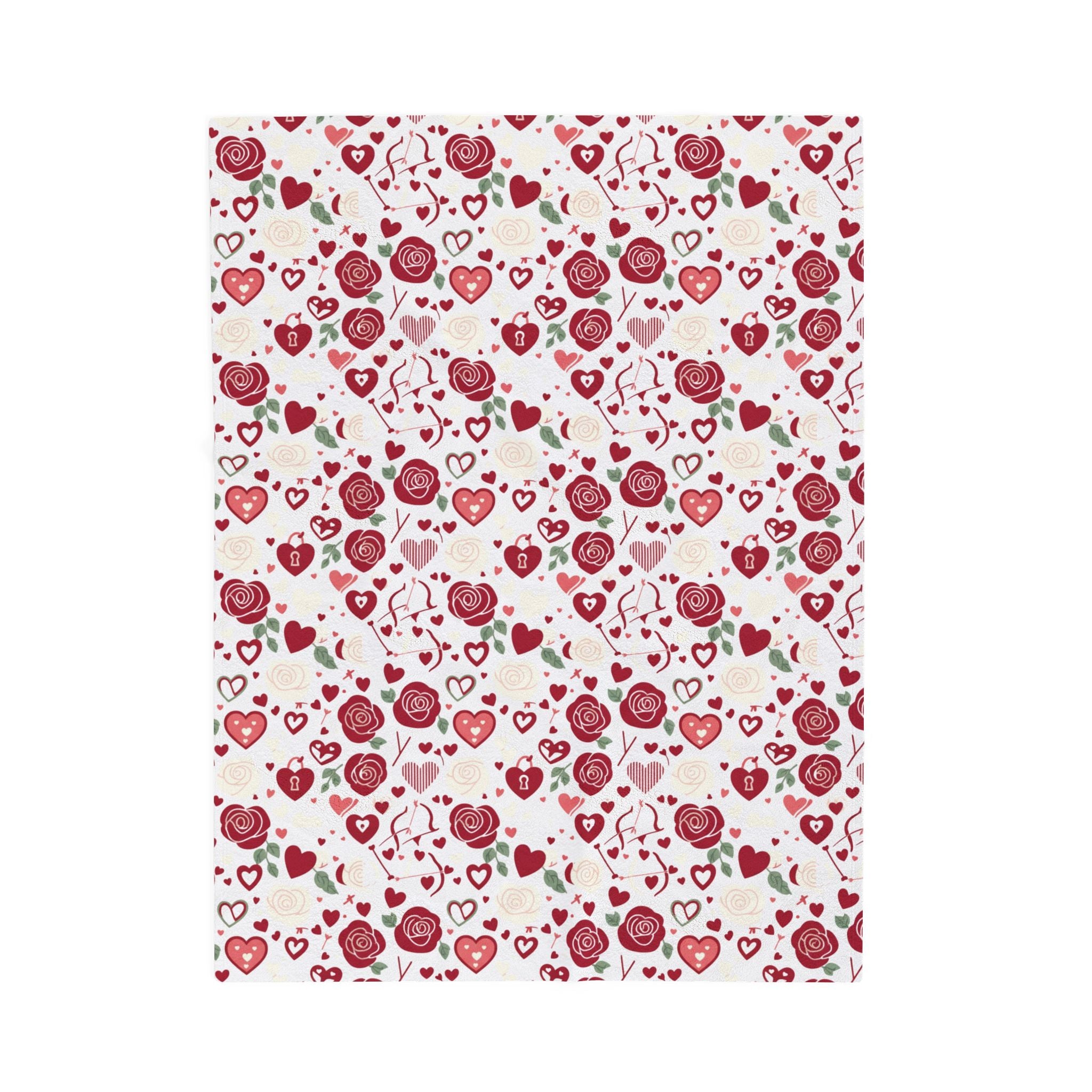 Valentine Rose & Hearts Velveteen Plush Blanket — Cozy Romantic Throw for Valentine's Day