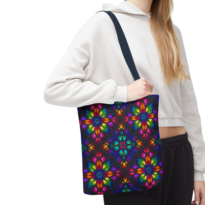 Kaleidoscope Floral Tote Bag — Vibrant Rainbow Boho All-Over Print