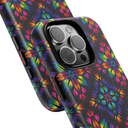 iPhone 16 and 17 - Stained Glass Kaleidoscope Tough Phone Case — Colorful Floral Protective Cover