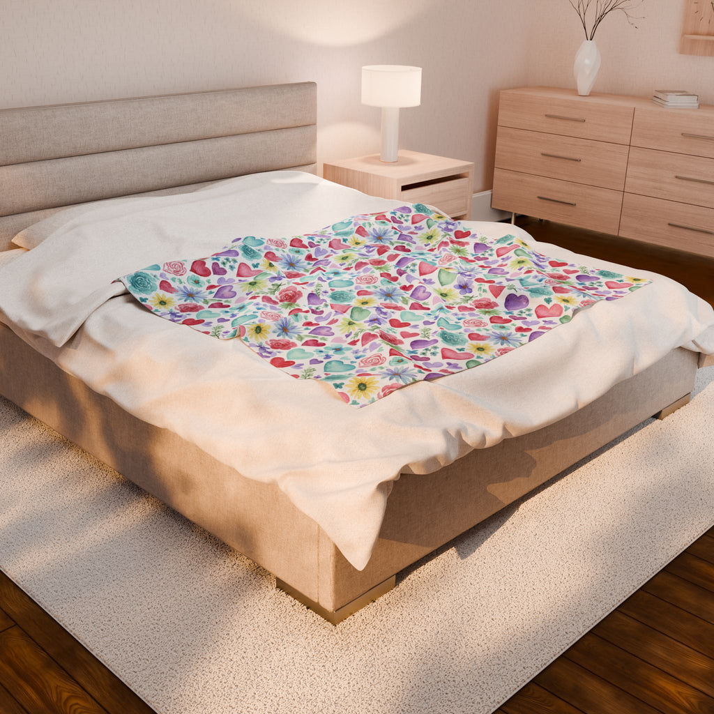 Heart Watercolor Velveteen Plush Blanket — Cozy Pastel Hearts Throw