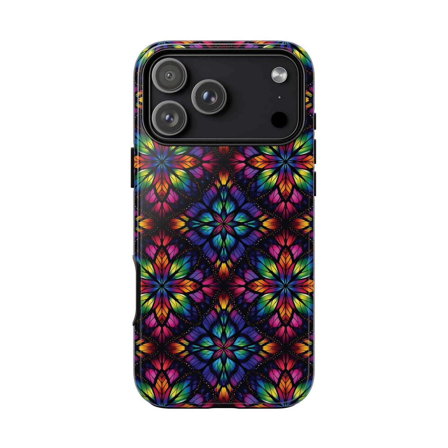 iPhone 16 and 17 - Stained Glass Kaleidoscope Tough Phone Case — Colorful Floral Protective Cover