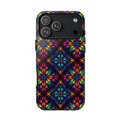 iPhone 16 and 17 - Stained Glass Kaleidoscope Tough Phone Case — Colorful Floral Protective Cover