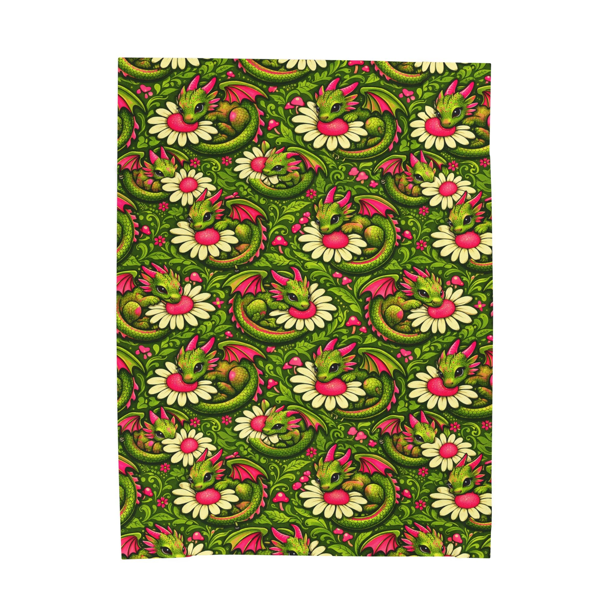Dragon Velveteen Plush Blanket — Retro Floral Paisley Throw in Green & Pink