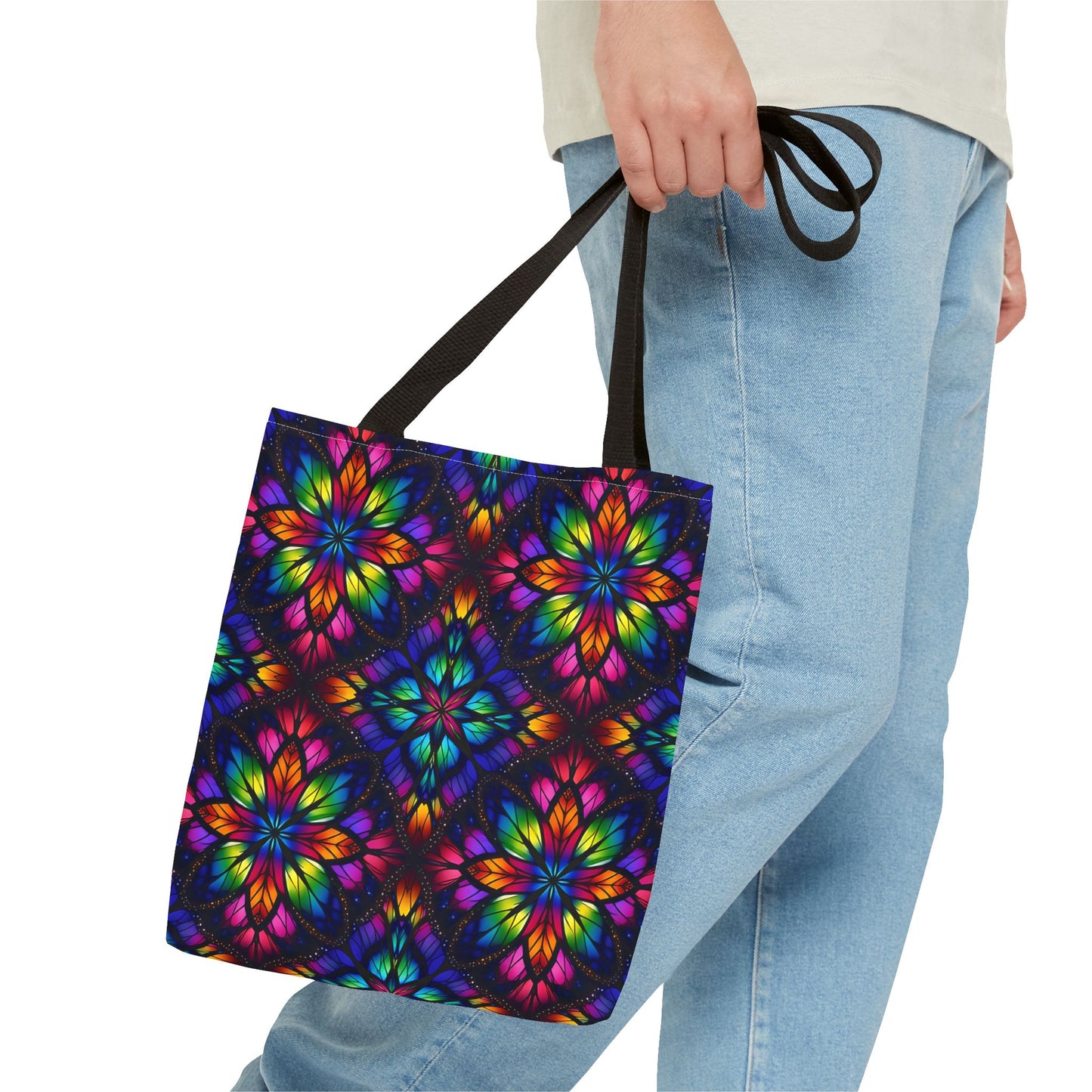 Kaleidoscope Floral Tote Bag — Vibrant Rainbow Boho All-Over Print