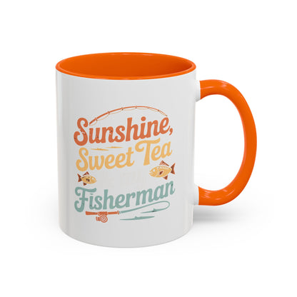 Ceramic Coffee Mug — "Sunshine, Sweet Tea, and my Fisherman" Retro Fishing Accent Mug
