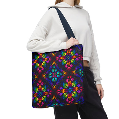 Kaleidoscope Floral Tote Bag — Vibrant Rainbow Boho All-Over Print