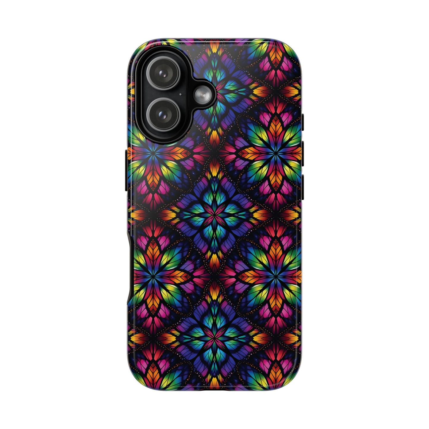 iPhone 16 and 17 - Stained Glass Kaleidoscope Tough Phone Case — Colorful Floral Protective Cover