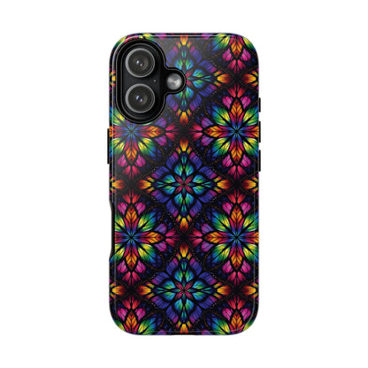 iPhone 16 and 17 - Stained Glass Kaleidoscope Tough Phone Case — Colorful Floral Protective Cover