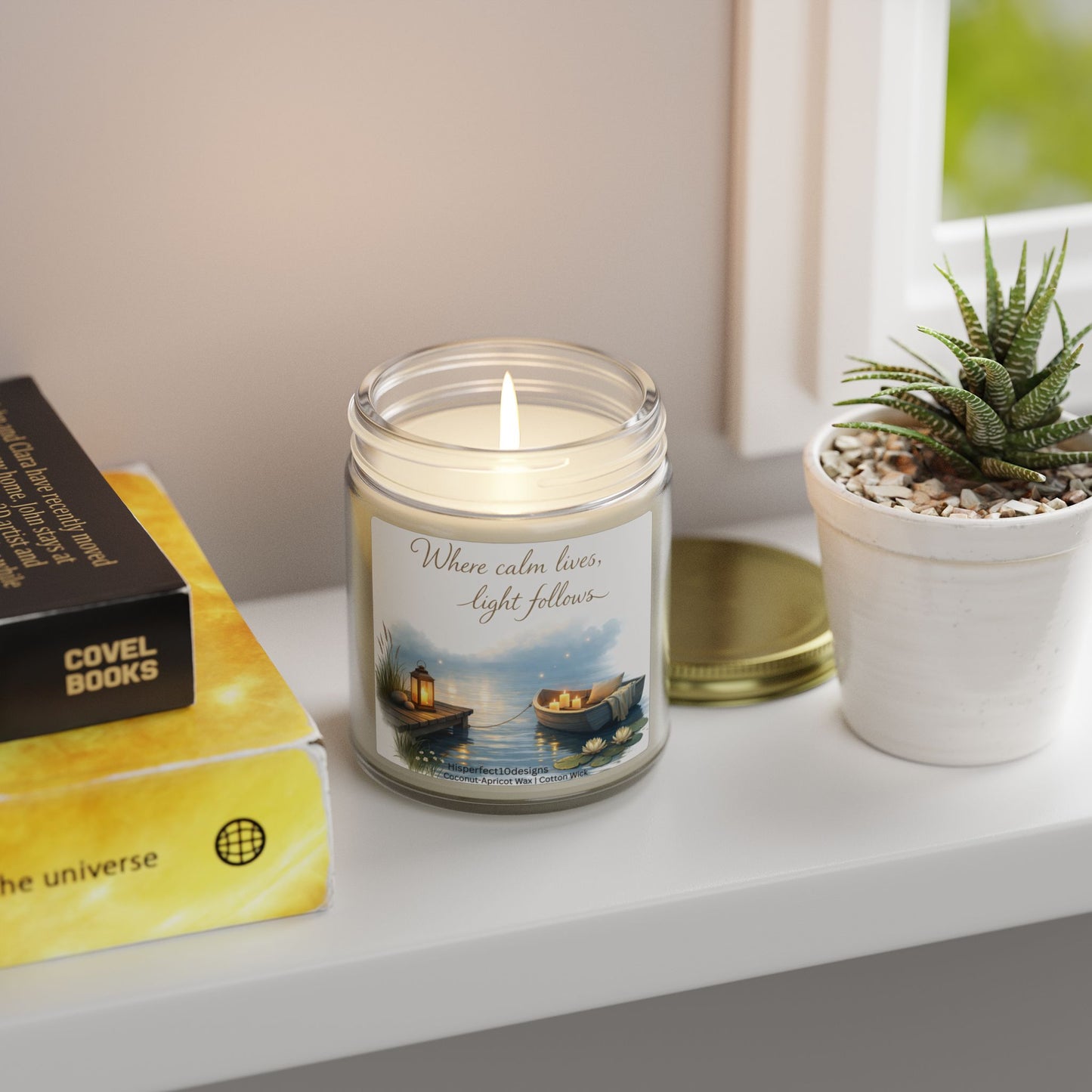 Scented Candle —  Coconut Apricot Wax, "Where calm lives, light follows" (9oz)