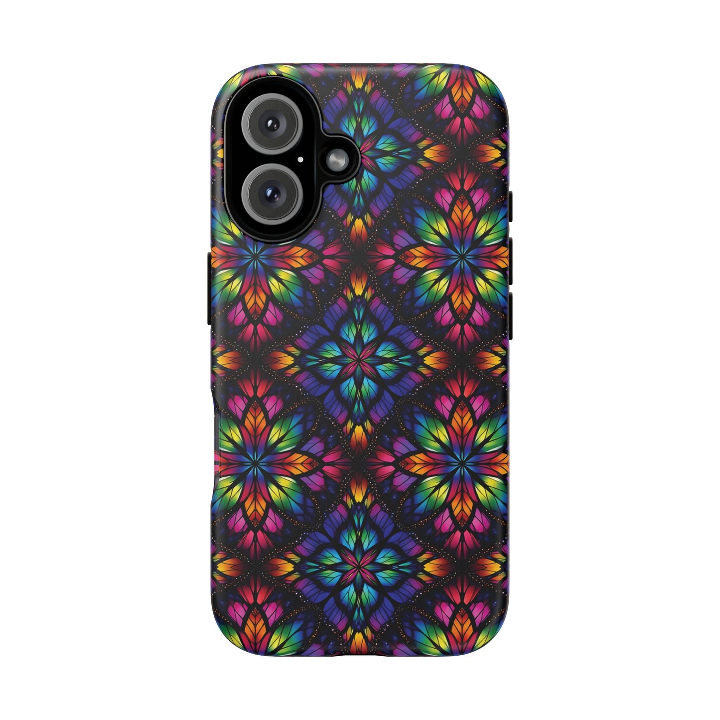 iPhone 16 and 17 - Stained Glass Kaleidoscope Tough Phone Case — Colorful Floral Protective Cover