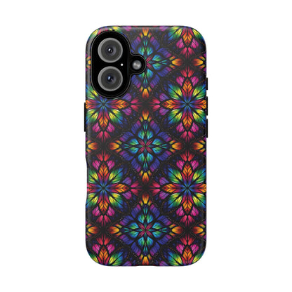 iPhone 16 and 17 - Stained Glass Kaleidoscope Tough Phone Case — Colorful Floral Protective Cover