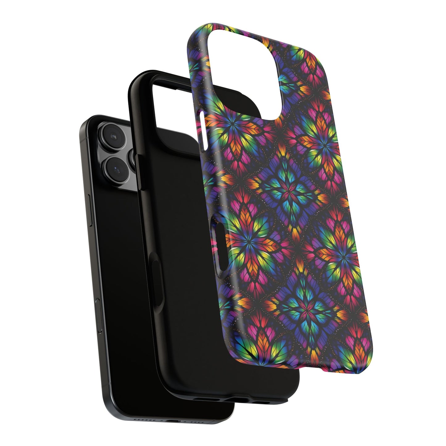 iPhone 16 and 17 - Stained Glass Kaleidoscope Tough Phone Case — Colorful Floral Protective Cover