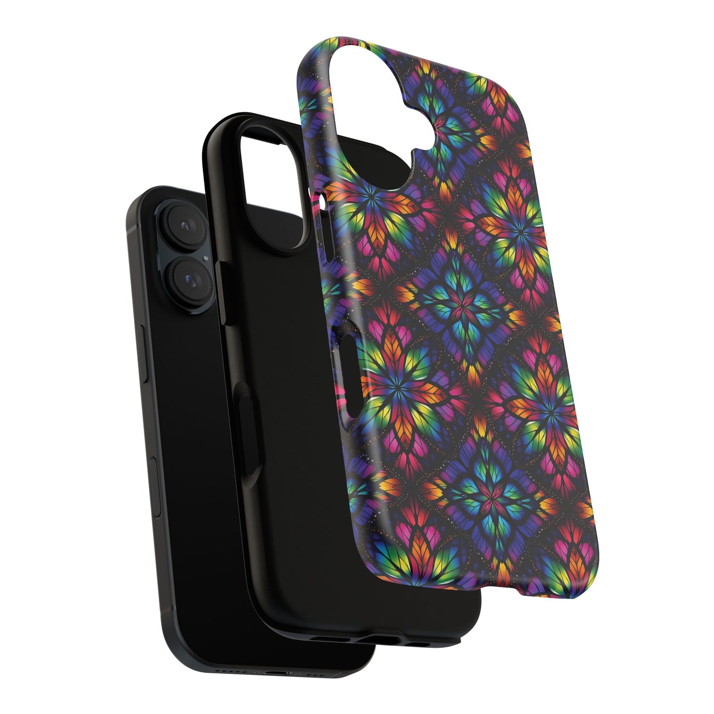 iPhone 16 and 17 - Stained Glass Kaleidoscope Tough Phone Case — Colorful Floral Protective Cover