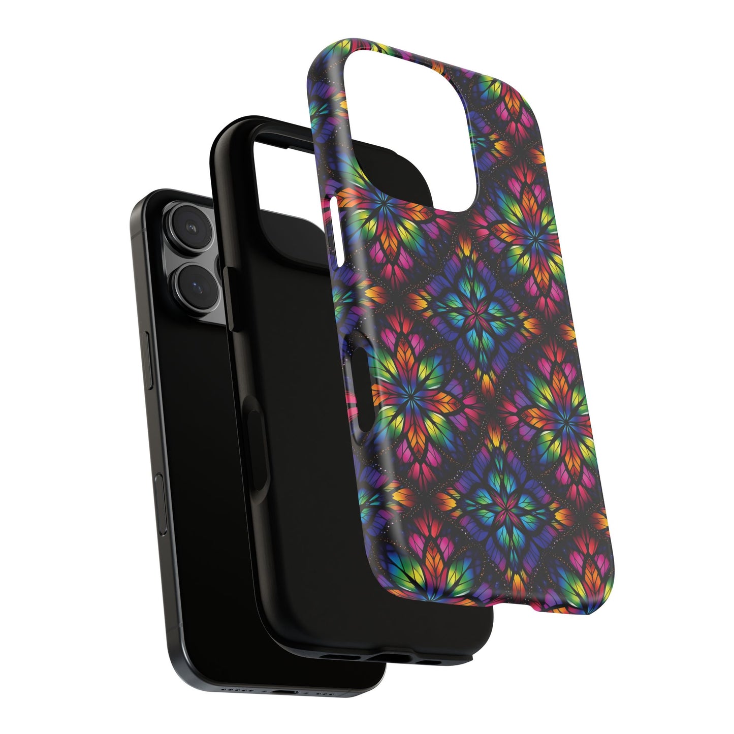 iPhone 16 and 17 - Stained Glass Kaleidoscope Tough Phone Case — Colorful Floral Protective Cover