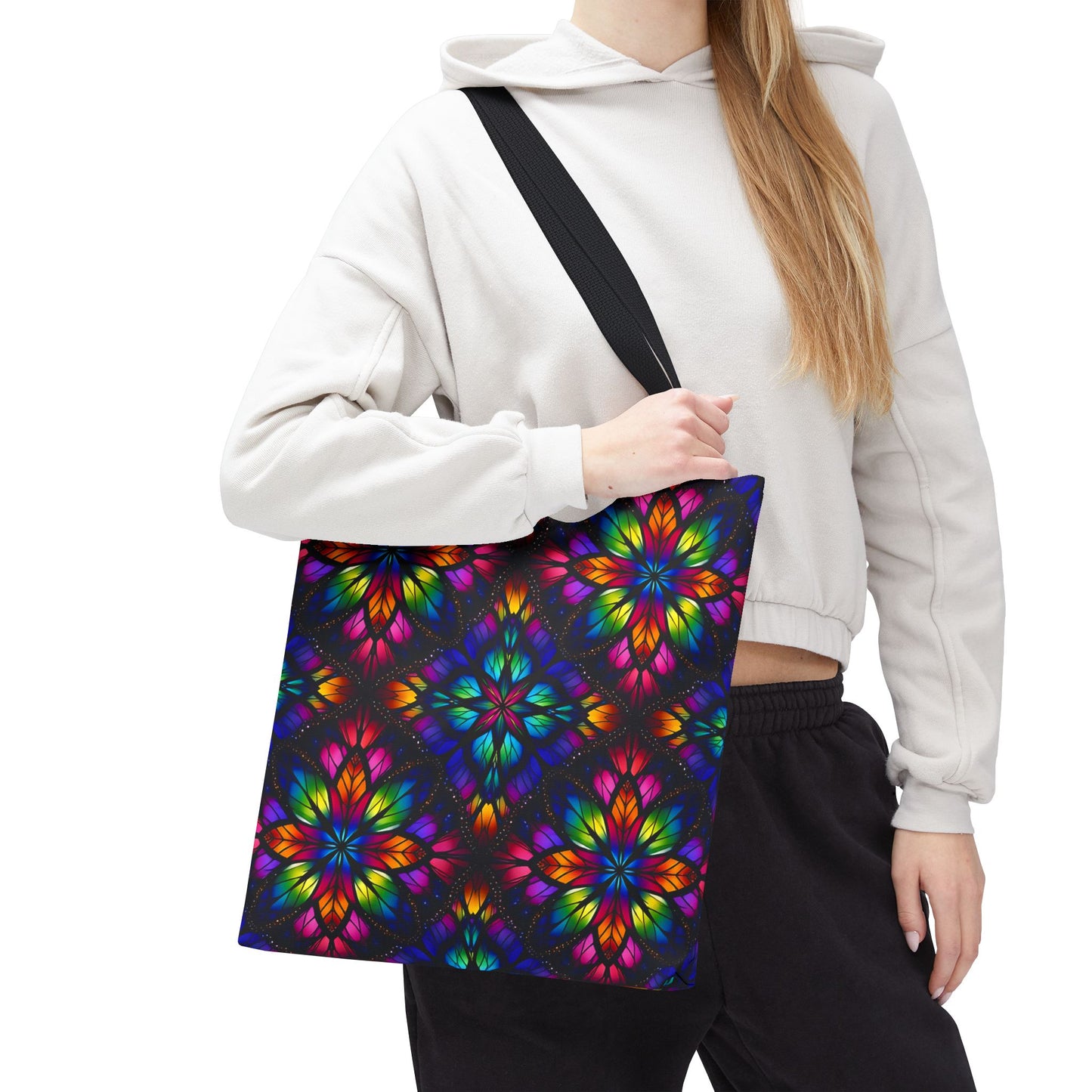 Kaleidoscope Floral Tote Bag — Vibrant Rainbow Boho All-Over Print