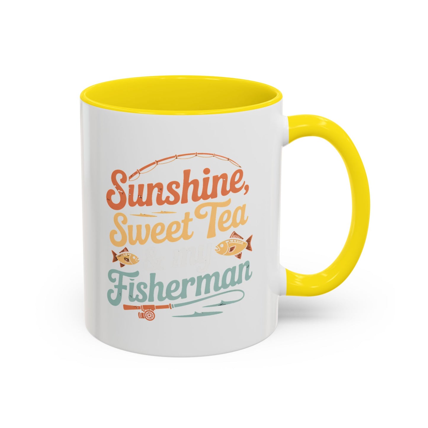 Ceramic Coffee Mug — "Sunshine, Sweet Tea, and my Fisherman" Retro Fishing Accent Mug
