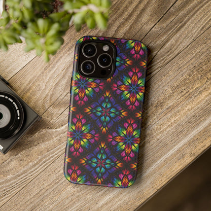 iPhone 16 and 17 - Stained Glass Kaleidoscope Tough Phone Case — Colorful Floral Protective Cover