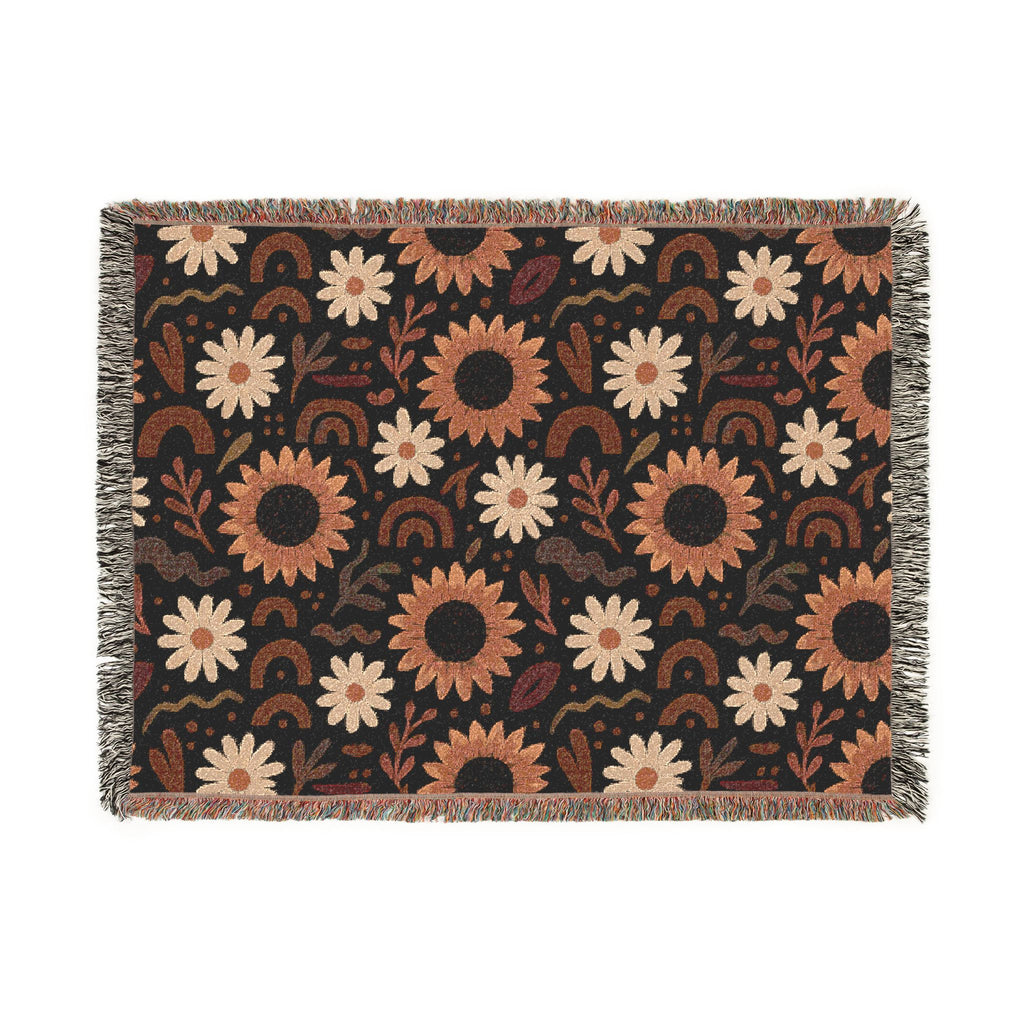 Boho Sunflower Woven Blanket — Retro Floral Throw with Fringe