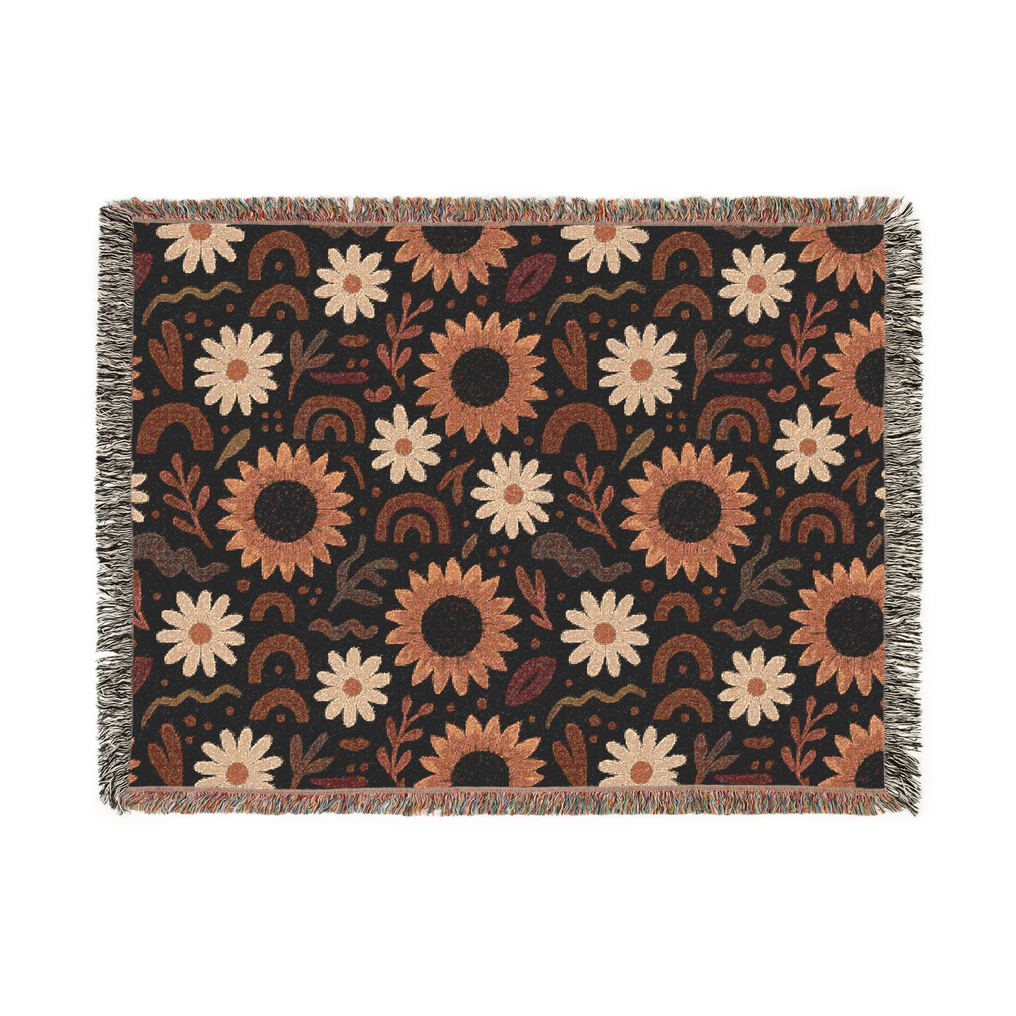 Boho Sunflower Woven Blanket — Retro Floral Throw with Fringe