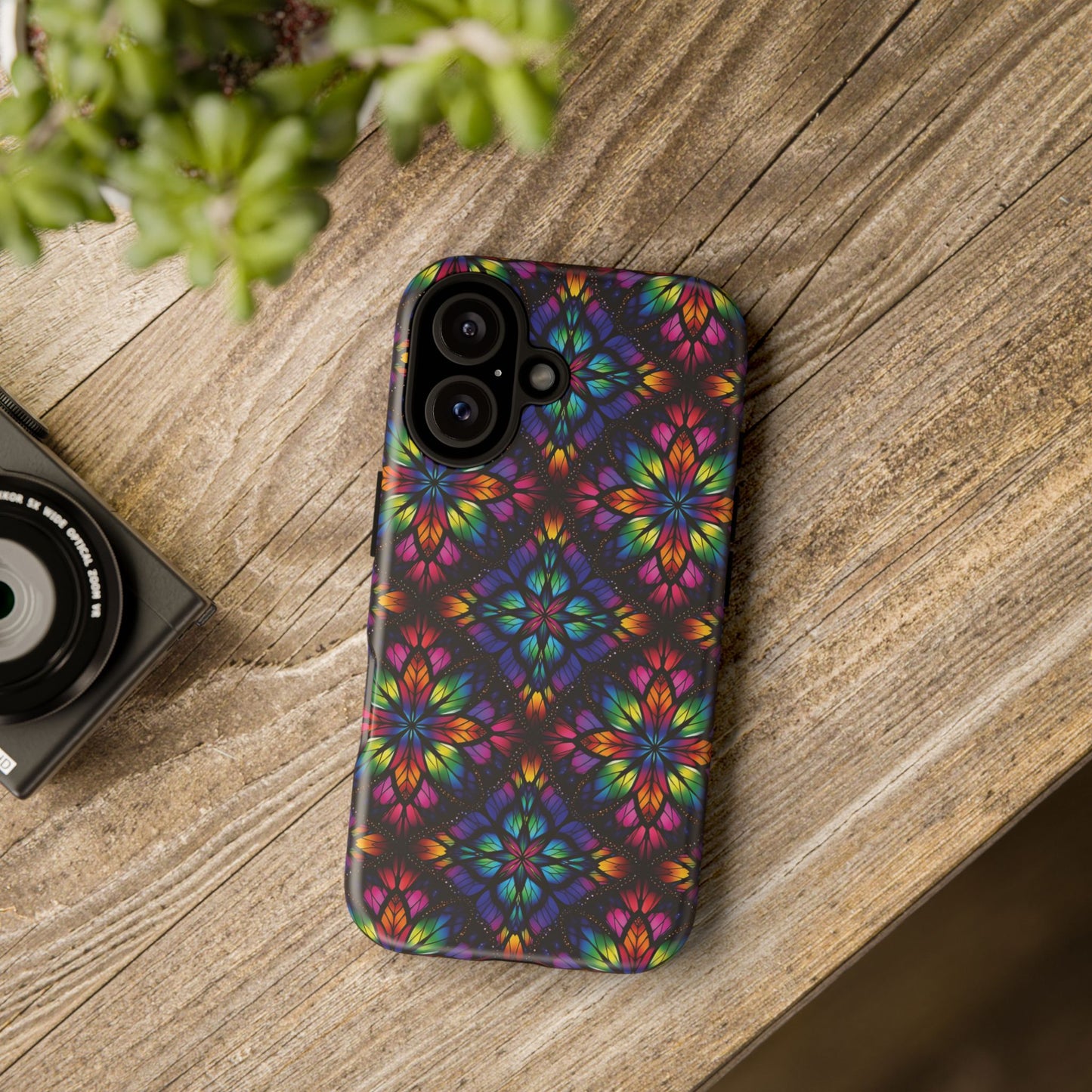 iPhone 16 and 17 - Stained Glass Kaleidoscope Tough Phone Case — Colorful Floral Protective Cover