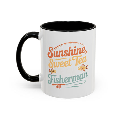 Ceramic Coffee Mug — "Sunshine, Sweet Tea, and my Fisherman" Retro Fishing Accent Mug