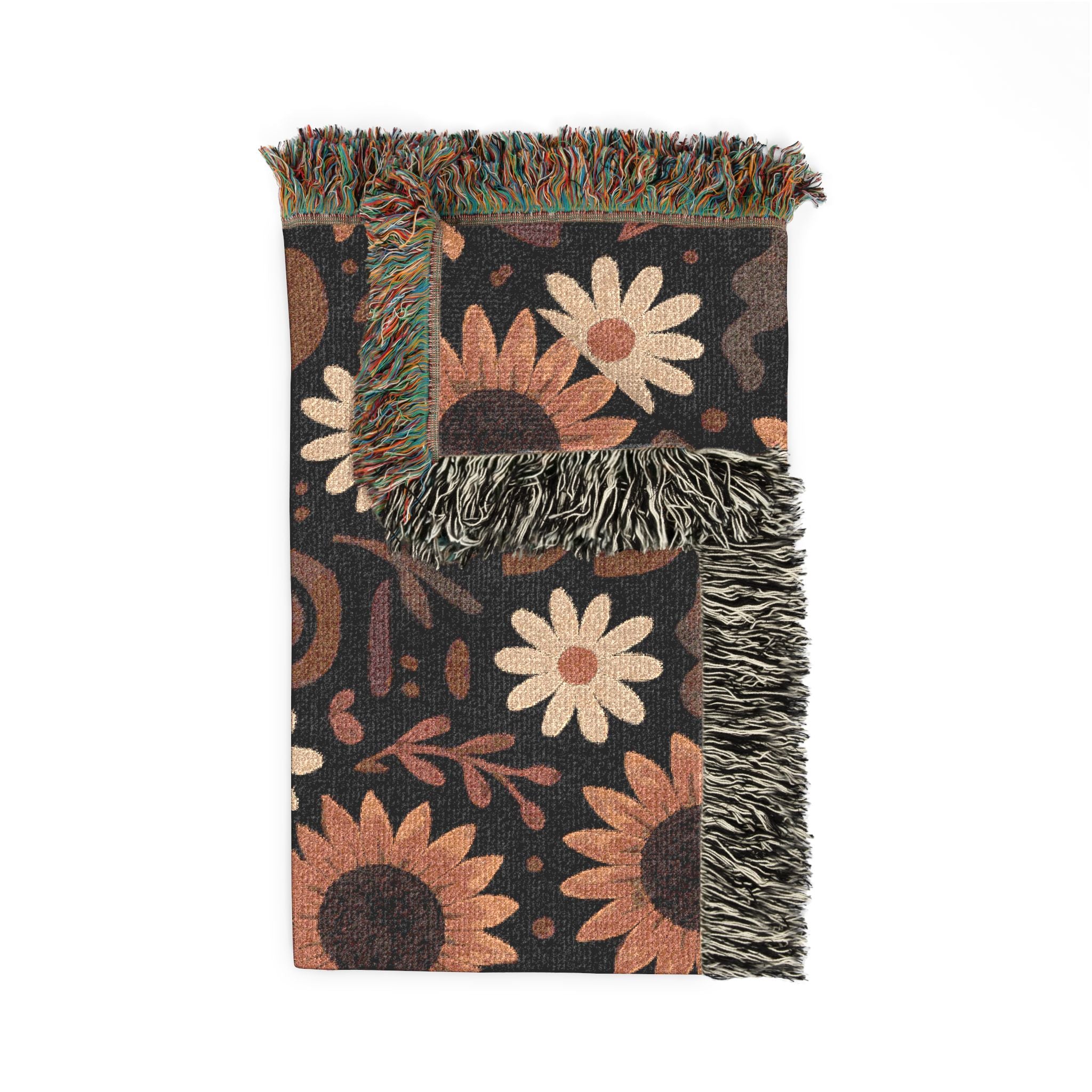 Boho Sunflower Woven Blanket — Retro Floral Throw with Fringe