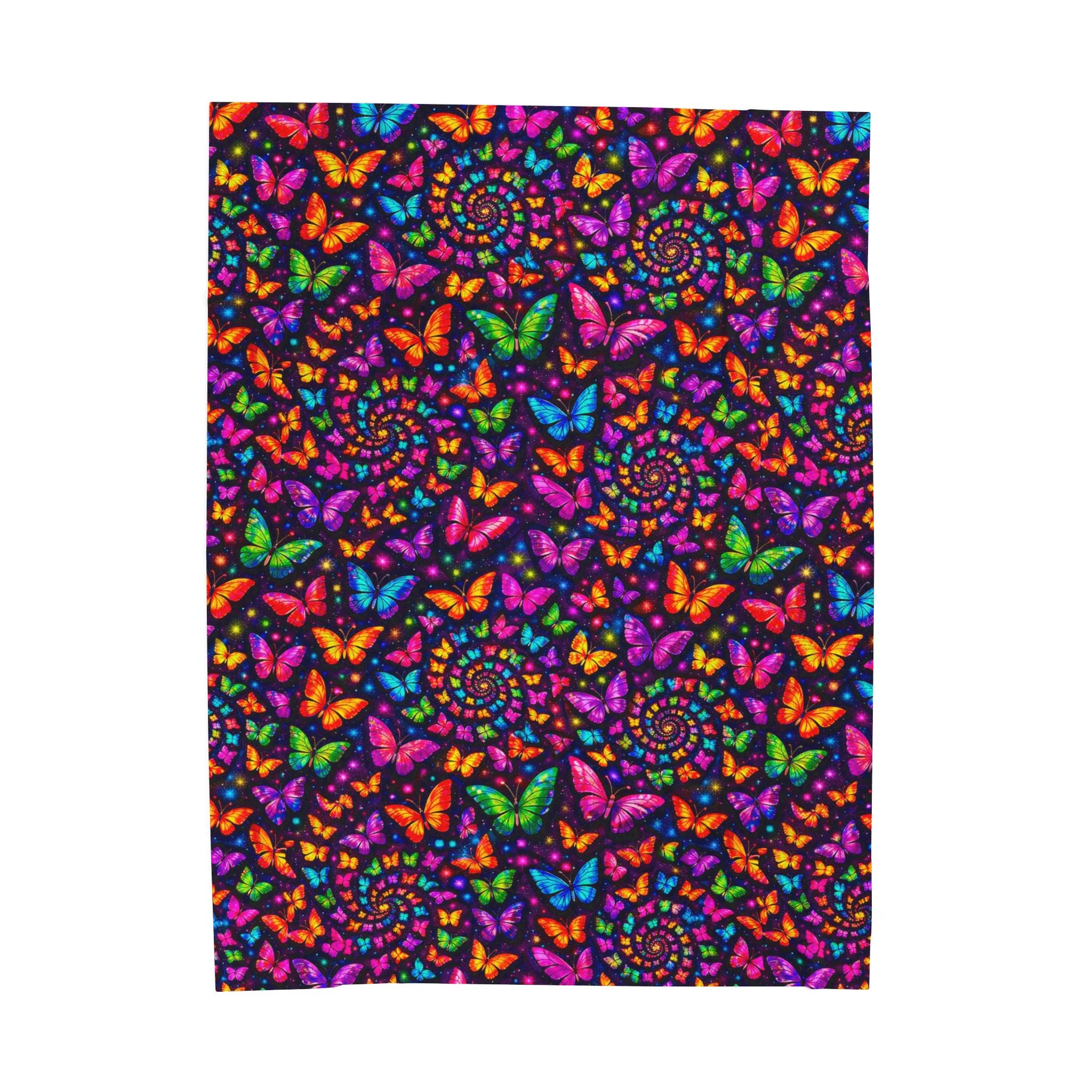 Velveteen Plush Blanket — Neon Rainbow Butterfly Spiral Throw