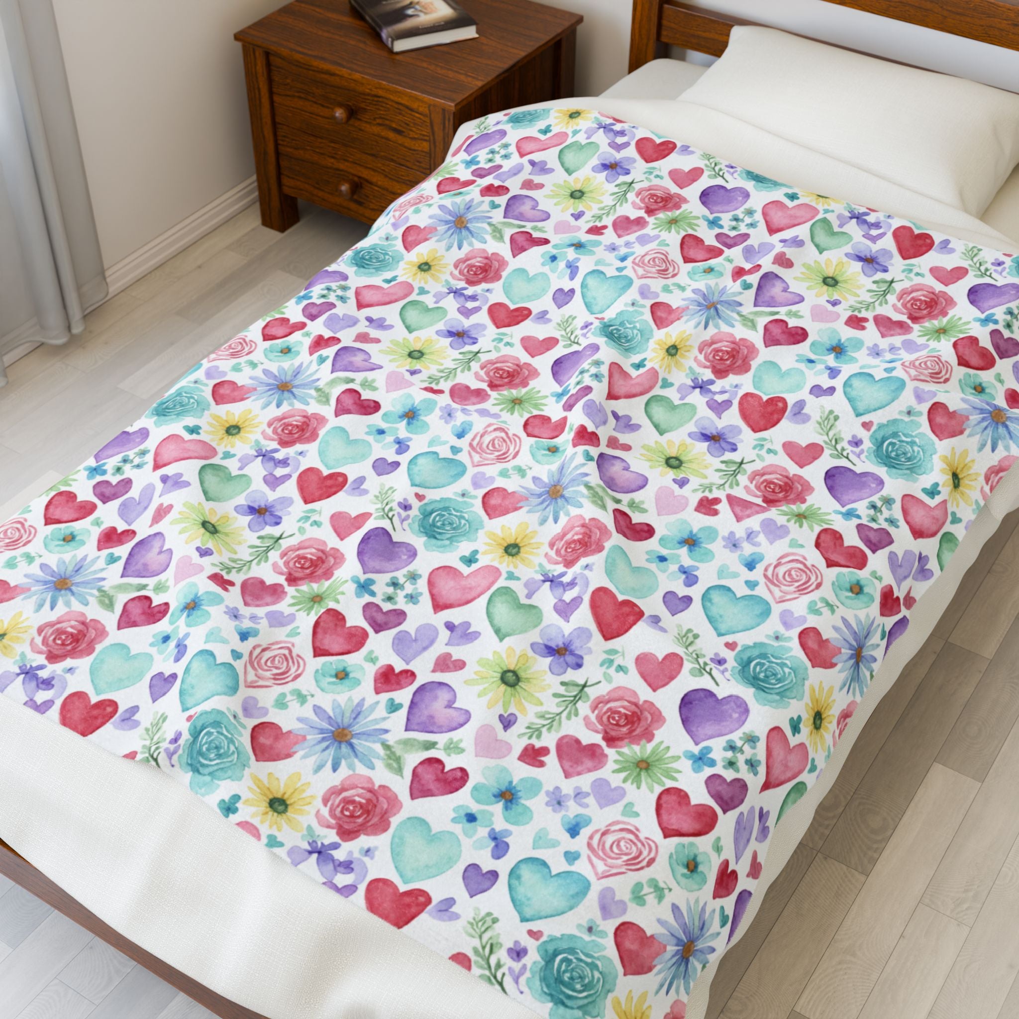 Heart Watercolor Velveteen Plush Blanket — Cozy Pastel Hearts Throw