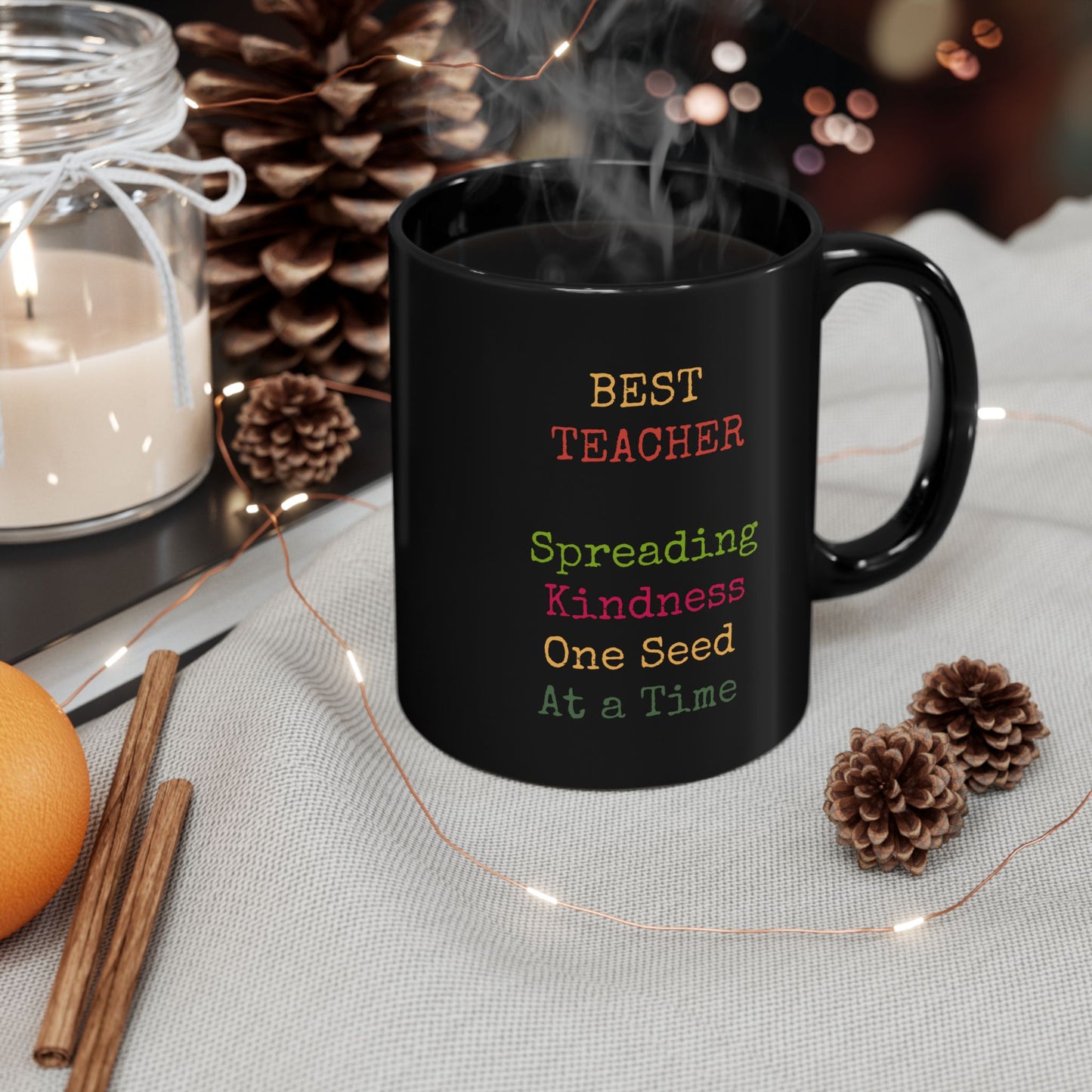 Teacher Mug — “Best Teacher: Spreading Kindness One Seed at a Time” Black Coffee Cup