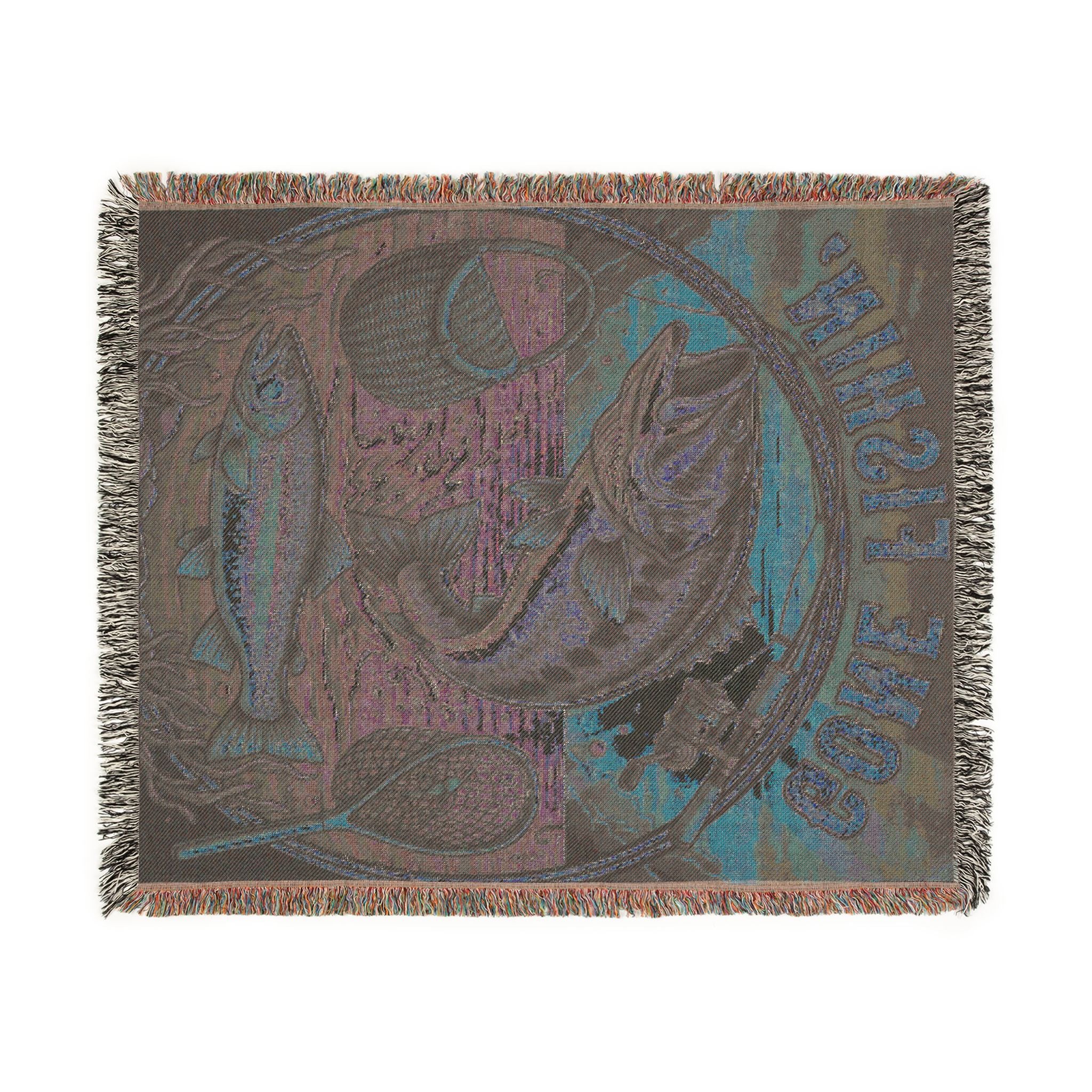 Gone Fishin' Woven Throw Blanket — Vintage Fishing Cabin Decor