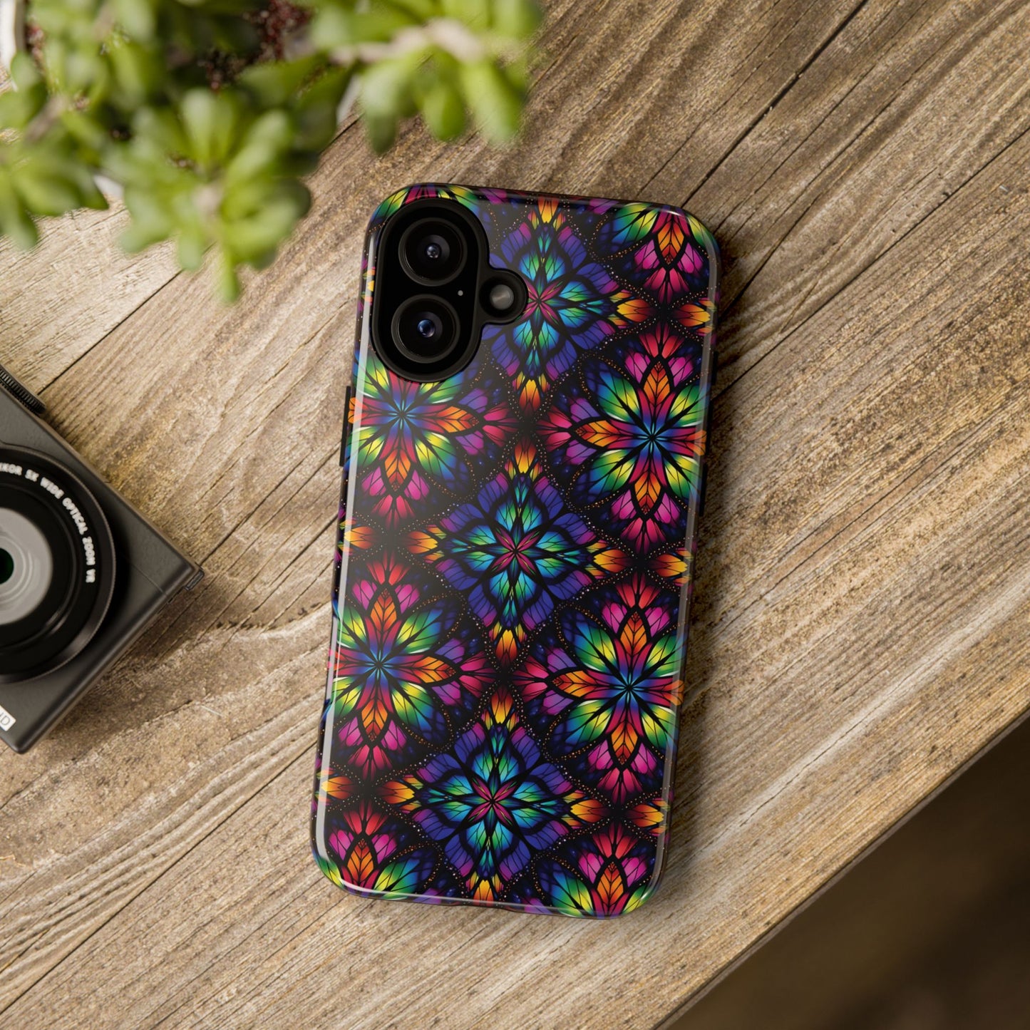 iPhone 16 and 17 - Stained Glass Kaleidoscope Tough Phone Case — Colorful Floral Protective Cover