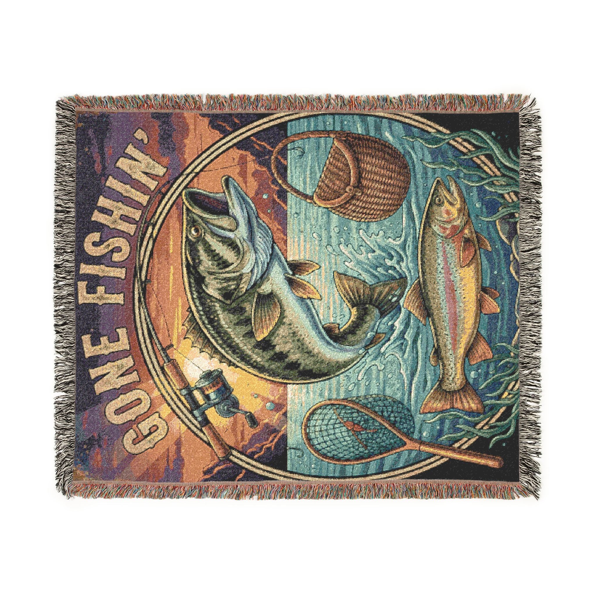 Gone Fishin' Woven Throw Blanket — Vintage Fishing Cabin Decor