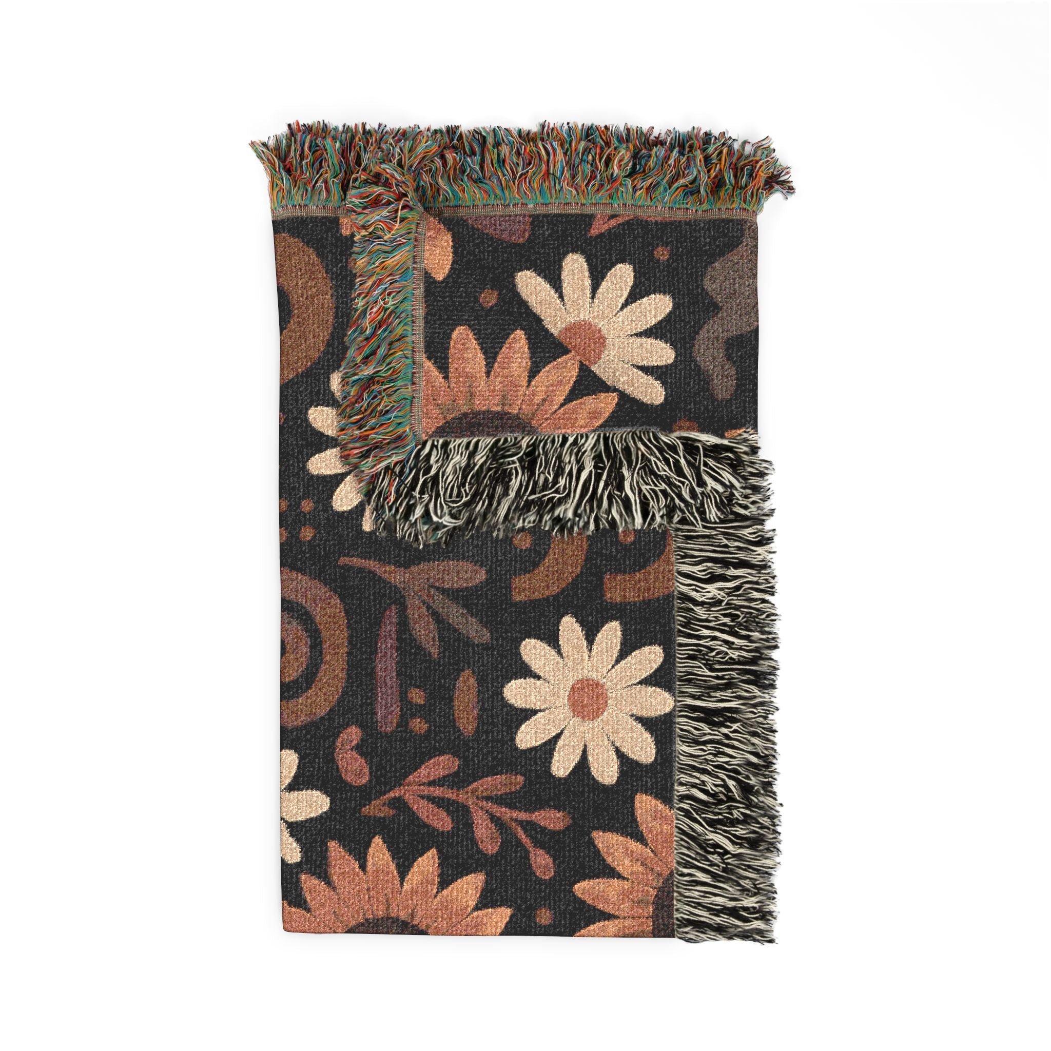 Boho Sunflower Woven Blanket — Retro Floral Throw with Fringe