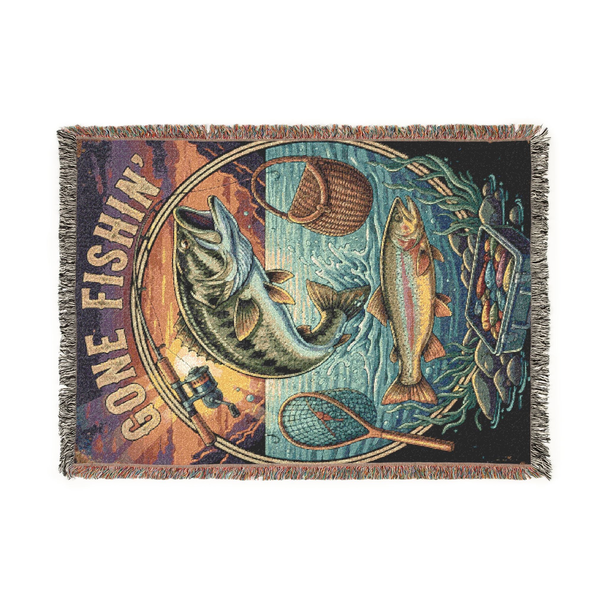 Gone Fishin' Woven Throw Blanket — Vintage Fishing Cabin Decor